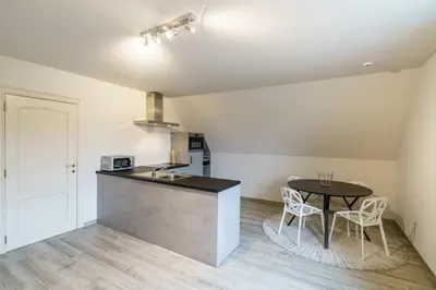 a kitchen with a table and chairs in a room at Guesthouse De Meelberg in Beringen