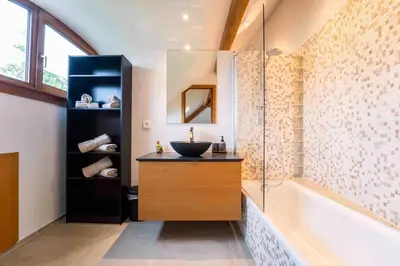 a bathroom with a sink and a bath tub with a sink at Havre de Paix à Bruxelles avec piscine et sauna in Brussels