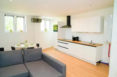 a living room with a couch and a kitchen at Modern 1BR & 1LR Apartment, 10 min Walk to City Center in Ghent