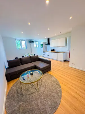 a living room with a couch and a glass table at Modern 1BR & 1LR Apartment, 10 min Walk to City Center in Ghent