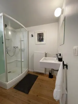 a bathroom with a glass shower and a sink at Lovely City Centre Duplex in Antwerp
