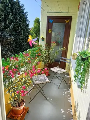 a porch with flowers and plants on a house at Apartment with terrace in Berchem-Sainte-Agathe in Brussels