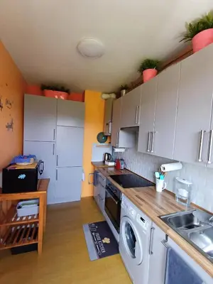 a kitchen with a washing machine and a sink at Apartment with terrace in Berchem-Sainte-Agathe in Brussels