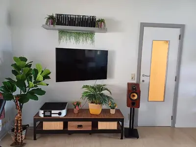 a living room with a tv and a table with plants at Apartment with terrace in Berchem-Sainte-Agathe in Brussels