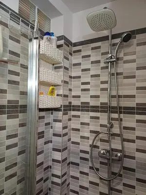 a bathroom with a shower with tiled walls at Apartment with terrace in Berchem-Sainte-Agathe in Brussels