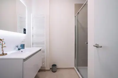 a white bathroom with a sink and a shower at The Ghentian Suites by Domani Hotels in Ghent