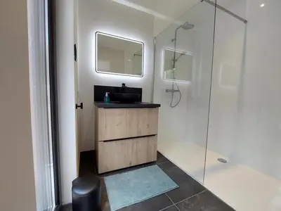 a bathroom with a sink and a glass shower at Vakantiewoning in 't groen-Lille in Lille