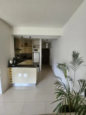 a kitchen with a plant in the middle of a room at Gezellig verblijf met balkon in Brussels