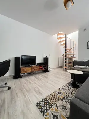 a living room with a couch and a tv at Tiny House avec terrasse privée, 10 mins du centre in Brussels