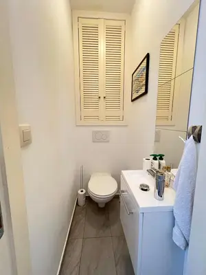 a white bathroom with a toilet and a sink at Tiny House avec terrasse privée, 10 mins du centre in Brussels