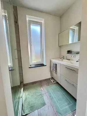a bathroom with a sink and a window at Tiny House avec terrasse privée, 10 mins du centre in Brussels