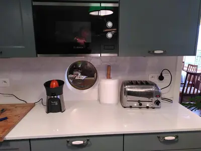 a kitchen counter top with a toaster and a toaster at Apartments overlooking Brussels in Brussels