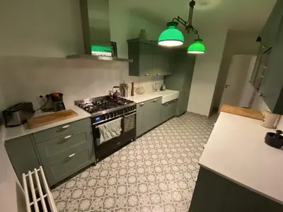 a kitchen with green cabinets and a stove at Apartments overlooking Brussels in Brussels