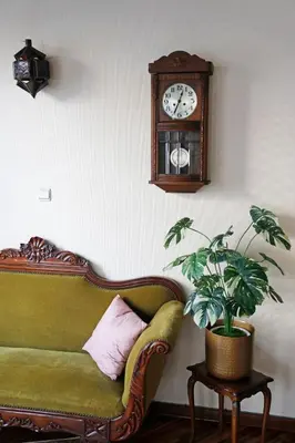 a couch and a clock on a wall with a plant at 18de-eeuwse woning in het hartje van Gent in Ghent