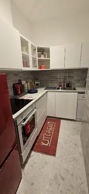 a kitchen with an oven and a rug on the floor at Sunflora Apartment in Brussels