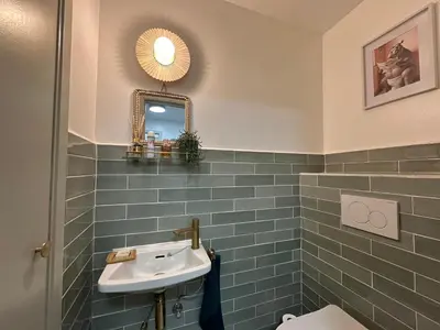 a bathroom with a sink and a mirror at Sunflora Apartment in Brussels