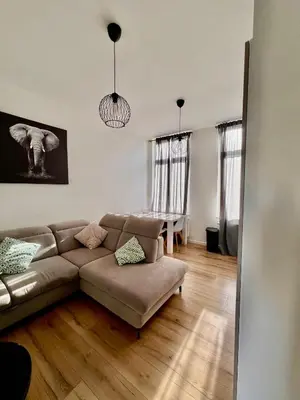 a living room with a couch and a table at Bruxnord BnB in Brussels