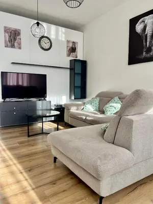 a living room with a couch and a tv at Bruxnord BnB in Brussels