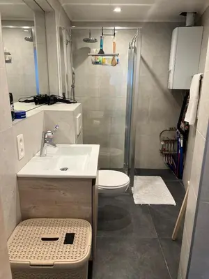 a small bathroom with a sink and a toilet at Toverpoort - Seperate room in shared apartment in Ghent