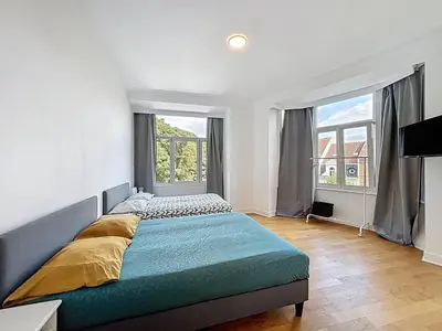 a bedroom with a large bed and two windows at Elisabeth Brussels 3 in Brussels