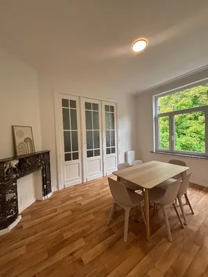 a dining room with a table and a fireplace at Leopold Brussels 6 in Brussels