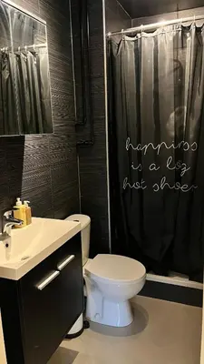 a bathroom with a toilet and a black shower curtain at Cozy apartment with garden in Ghent