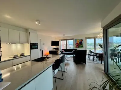 a kitchen and living room with a table and chairs at DoK9 in Ghent