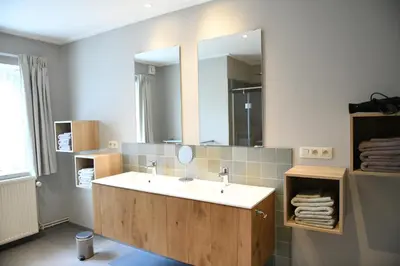 a bathroom with a sink and a mirror at Vakantiewoning Nijkenhof in Ninove
