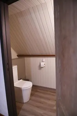 a bathroom with a white toilet in a room at Vakantiewoning Nijkenhof in Ninove