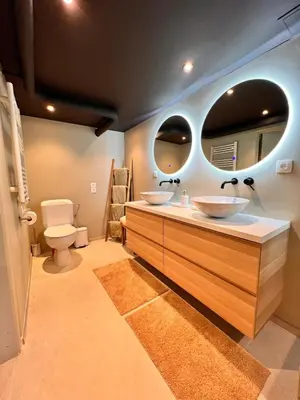 a bathroom with two sinks and two mirrors at Studio with sauna in Meise