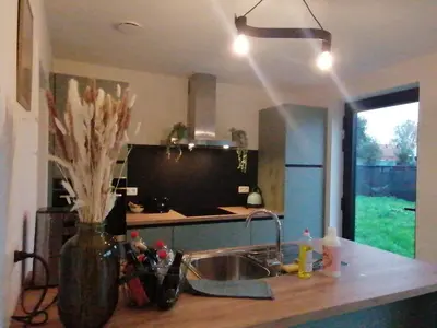 a kitchen with a sink and a vase with flowers at Sandrise in Balen