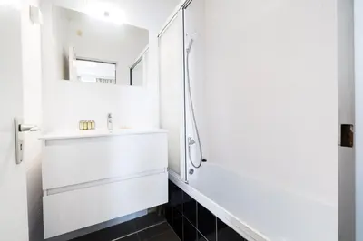 a white bathroom with a sink and a shower at Brussels St Gilles Elegant residence in Brussels