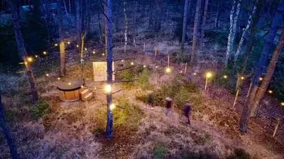 a group of people walking through a forest with lights at Knuscabin in Lille