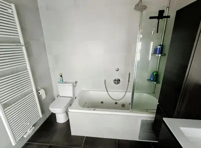 a bathroom with a shower and a toilet and a sink at Rustig gelegen woning in Tielrode in Temse