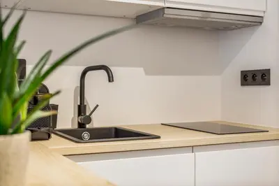 a kitchen counter with a sink and a plant at Charmante Studio op Toplocatie - Hartje Gent in Ghent