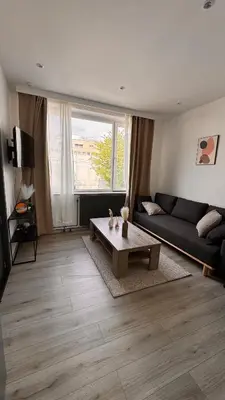 a living room with a black couch and a coffee table at T2 Neuf Quartier Calme central et transport devant in Brussels
