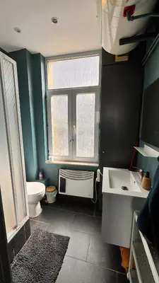 a bathroom with a toilet and a sink and a window at T2 Neuf Quartier Calme central et transport devant in Brussels