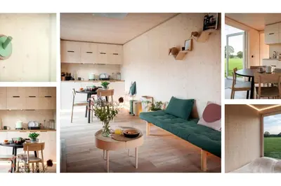a collage of four pictures of a living room and kitchen at Gorgeous Off-Grid Tiny House Near Antwerp, Belgium in Wuustwezel