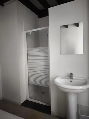 a white bathroom with a sink and a mirror at Dolfijn Hostel in Antwerp