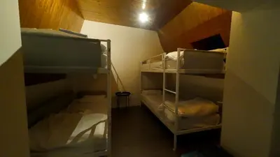 a room with three bunk beds in a room at Dolfijn Hostel in Antwerp