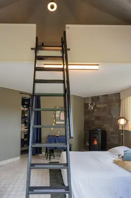 a ladder leading up to a bed in a bedroom at Octagoon in Tessenderlo