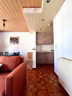a living room with a couch and a kitchen at Cosy haven in Aalst with terrace a green haven in Aalst