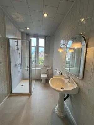 a bathroom with a sink and a shower and a toilet at Denderhuis in Dendermonde