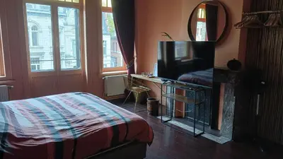 a bedroom with a bed and a tv and a mirror at Boutique Cogels Osy in Antwerp