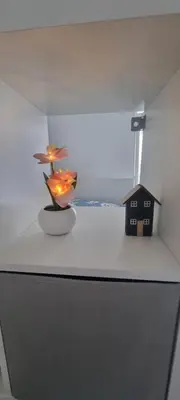 a toy house and a vase on top of a refrigerator at CitySpot 159 in Brussels