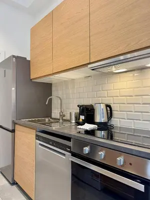 a kitchen with a sink and a stove top oven at The Modern Nest - Jourdan in Brussels