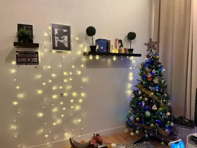 a living room with a christmas tree and lights at Antwerpen duplex apartment in Antwerp