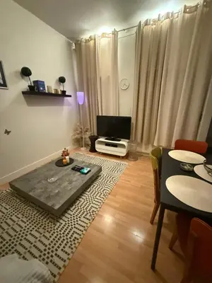 a living room with a table and a tv at Antwerpen duplex apartment in Antwerp