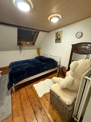 a bedroom with a bed and a mirror and a chair at Antwerpen duplex apartment in Antwerp