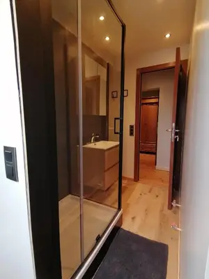 a bathroom with a glass shower with a sink at Meerdael Refuge Appartement in Oud-Heverlee